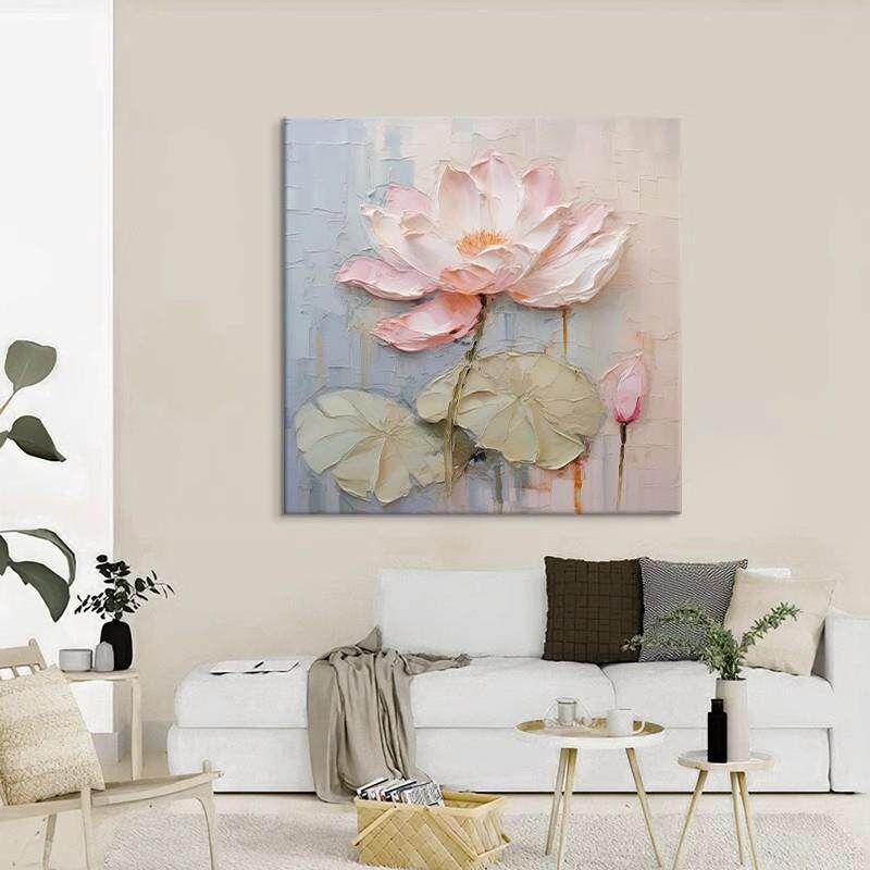 荷气生财手绘肌理油画客厅餐厅荷花植物花卉装饰画玄关挂画装饰画
