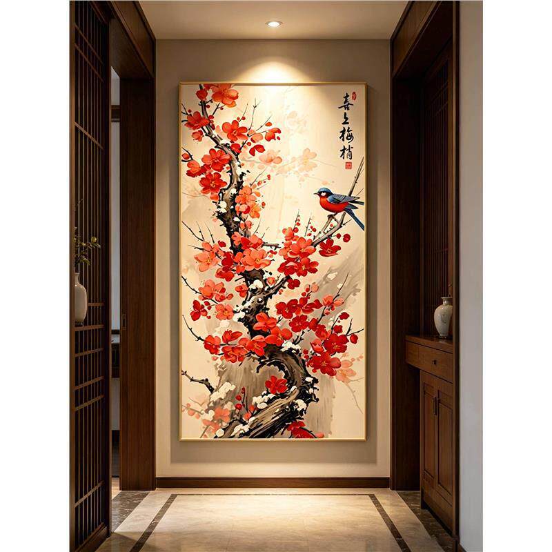 喜上眉梢玄关装饰画红色喜庆梅花图壁画走廊过道竖版水墨国画挂画