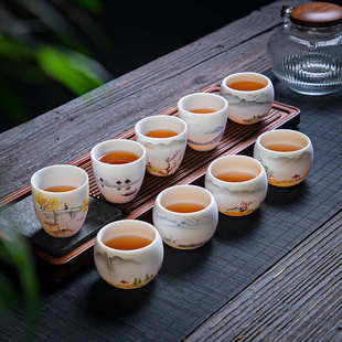 羊脂玉白瓷素烧功夫茶杯陶瓷纯手绘山水茶碗主人杯个人品茗杯单杯