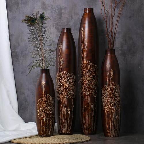 实木中式细高花瓶摆件客厅插花落地大号覆古装饰品简约电视套轻奢