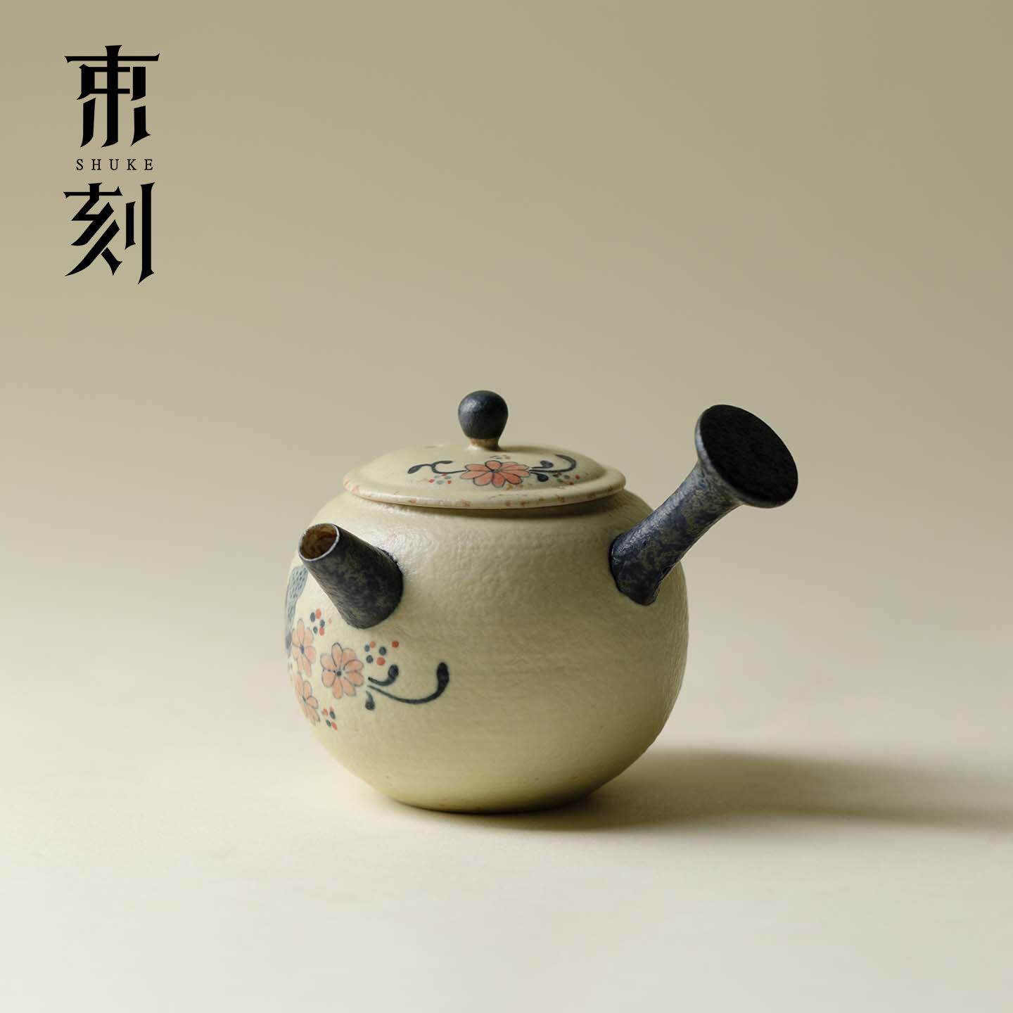 束刻青花火石红釉下彩蝴蝶手抓小壶家用泡茶壶功夫茶具带球孔过滤