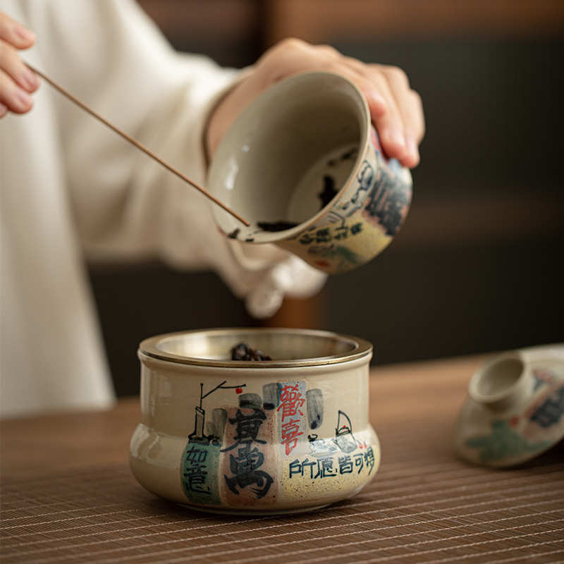 锦灰堆手绘建水茶洗家用陶瓷茶渣缸茶水缸茶具配件废水桶水盂水洗
