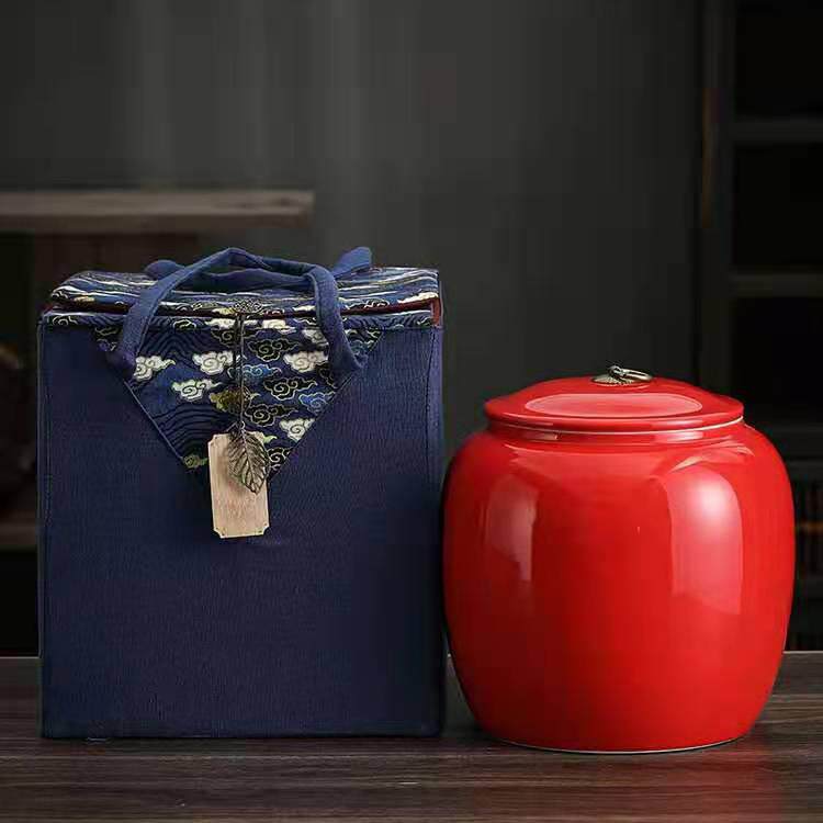 陶瓷大号青花茶叶罐密封储存罐红绿茶布袋5斤装礼盒品
