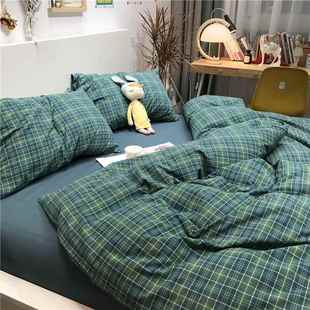 正品 北n欧简约is风小清新绿色色织水洗棉四件套裸1.m51.睡8米被套