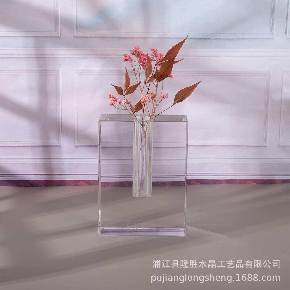 北欧简约风格水晶客厅摆件家居软装花瓶花插透明单口方形竖款花器