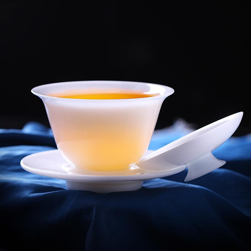 臻选盖碗冰种玉瓷单个高档三才茶碗套装羊脂玉泡茶器家用白瓷茶具