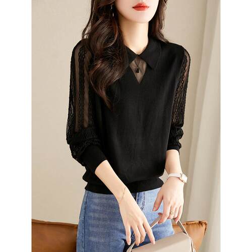 长袖t恤女装2025新款秋季高级感针织洋气小衫蕾丝上衣内搭打底衫