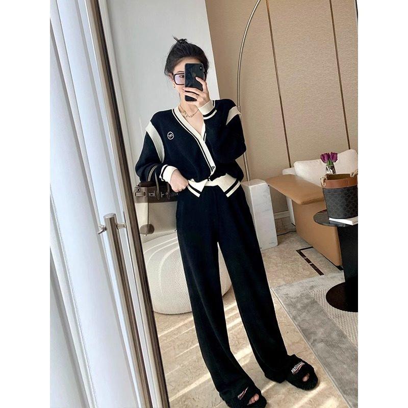 欧洲站流行黑色撞色运动两件套女装 秋季新款休闲运动套装