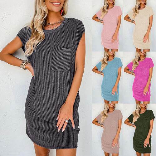 Womens Plain Textured Batwing Sleeve Pocket Tee Dress Casual