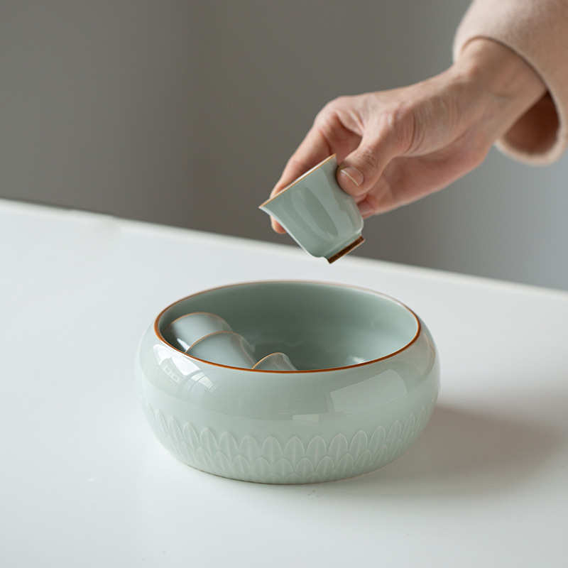 思陶斋古蓝莲瓣茶洗家用陶瓷大容量水盂功夫茶具茶杯水洗茶道配件