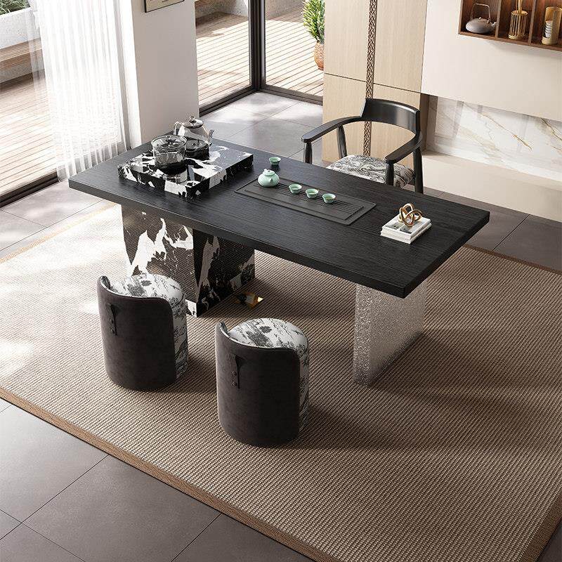 轻奢岩板茶桌椅组合现代高级感小户型阳台家用办公室烧水壶一体桌