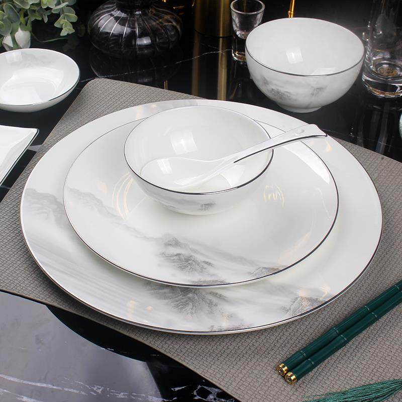 新中式银边骨瓷摆台九件套餐具套装 高档酒店会所水墨风碗盘勺杯,餐饮具,盘,淘宝优惠券,粉丝福利购,淘宝优惠卷