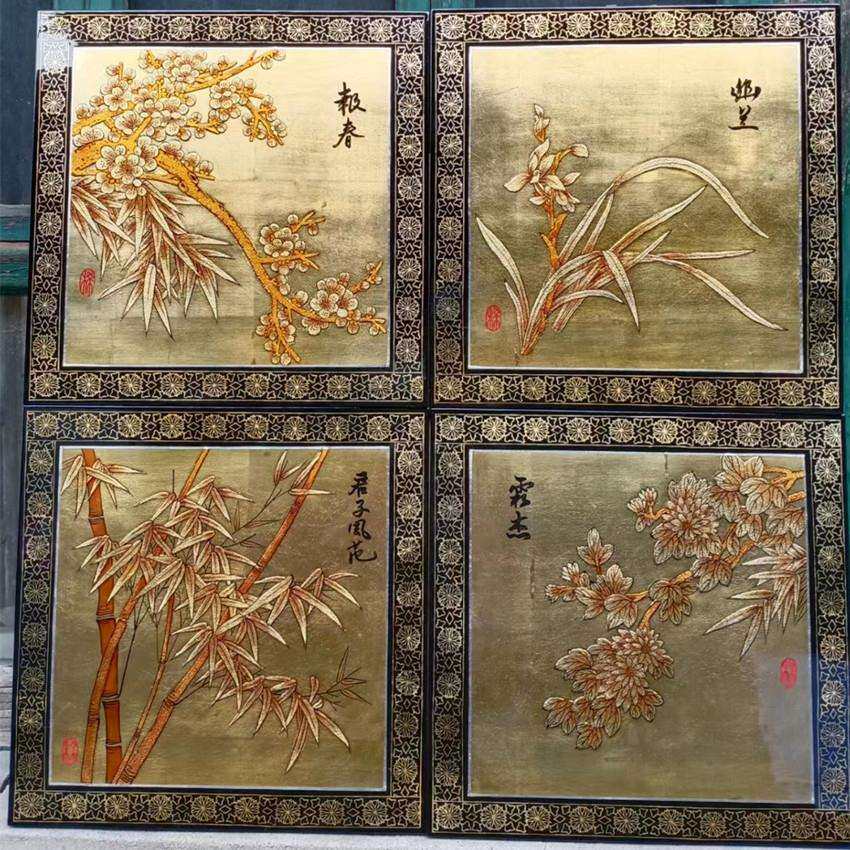 推光漆器工艺画客厅墙画传统手工贴金彩绘漆艺古风高堆漆画装饰画