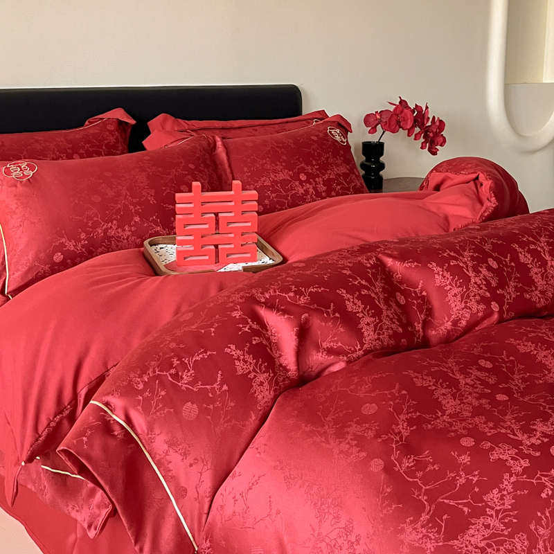 高档提花婚庆结婚床上四件套大红色全棉床单纯棉被套婚房陪嫁床品,床上用品,婚庆床品套件,淘宝优惠券,粉丝福利购,淘宝优惠卷