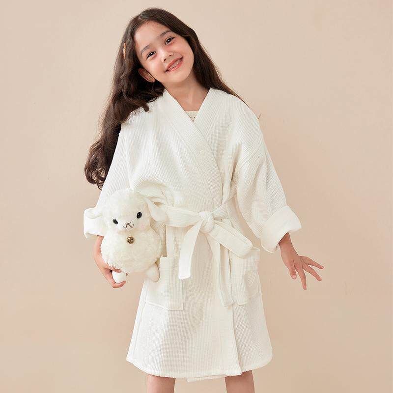 纯棉华夫格儿童浴袍双层酒店男女童浴衣四季款吸水睡袍和服家居服