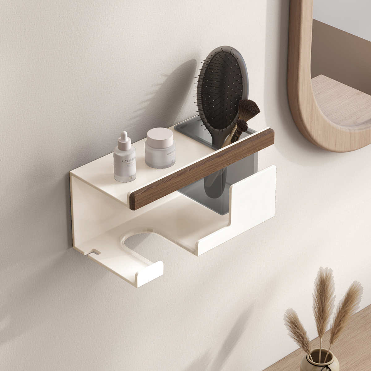 原木风多功能吹风机置物架免打孔卫生间支架壁挂浴室风筒收纳挂架