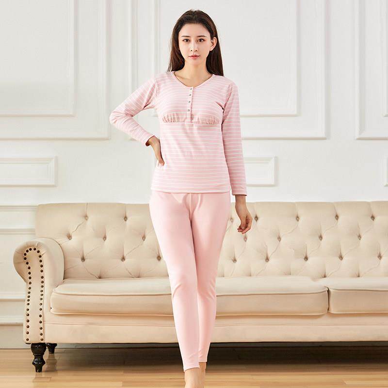 带胸垫双面绒月子服哺乳衣孕妇保暖加绒产后服秋衣秋裤两件套装