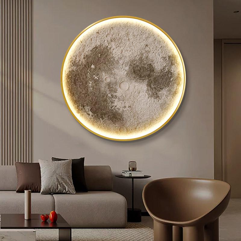 月球玄关led灯画沙发背景墙画酒店用装饰画圆形月亮装饰酒吧挂画图片