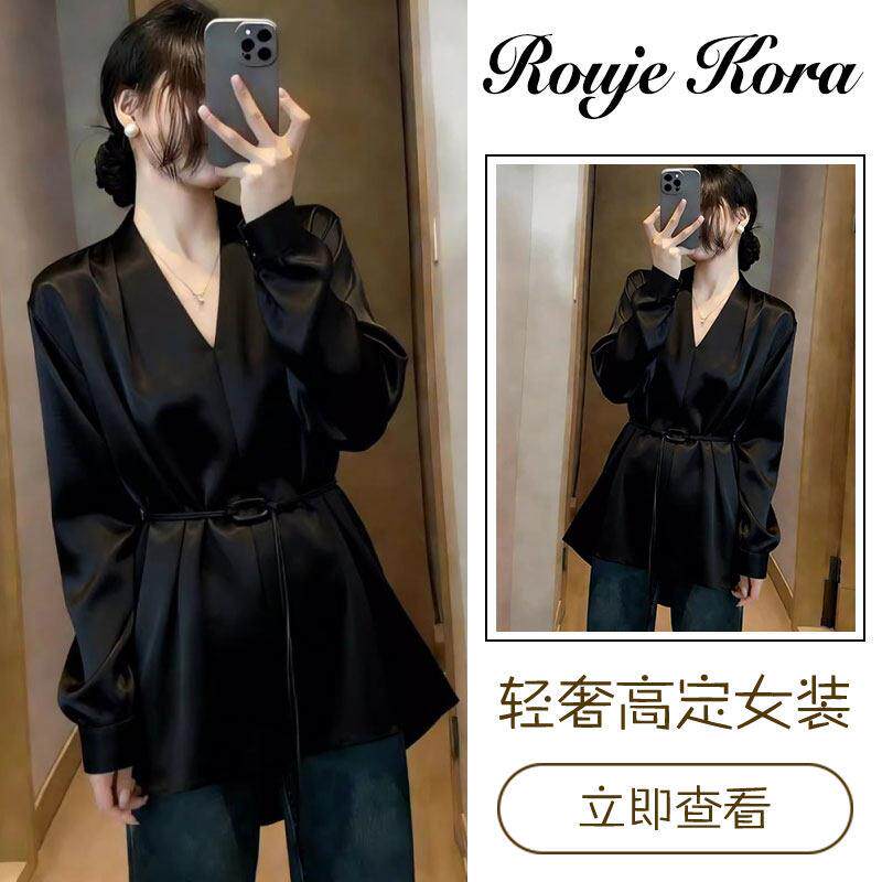 Rouje Kora法式缎面V领正肩衬衫女春季长款收腰上衣宽松修身女装