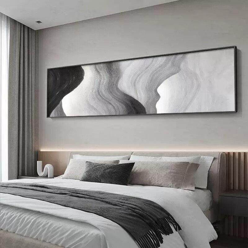 黑白灰艺术卧室挂画横版客厅装饰画现代简约画展长幅床头壁画极简