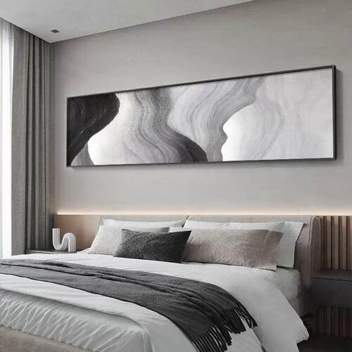 黑白灰艺术卧室挂画横版客厅装饰画现代简约画展长幅床头壁画极简