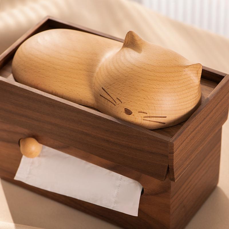 黑胡桃木纸抽盒创意猫咪实木纸巾盒轻奢客厅餐厅实木餐桌餐巾纸盒