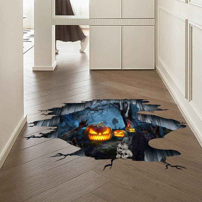 新halloween042 万圣节惊悚手掌骷髅头南瓜枯树家居地面装饰地贴