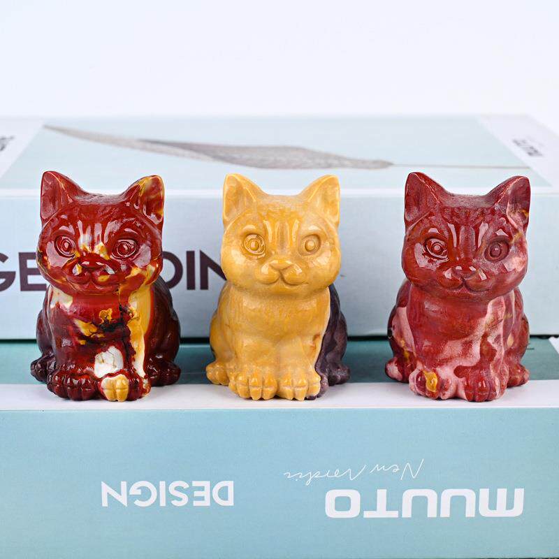 天然水晶蛋黄石猫雕刻件水晶原石打磨猫咪家居桌面动物装饰