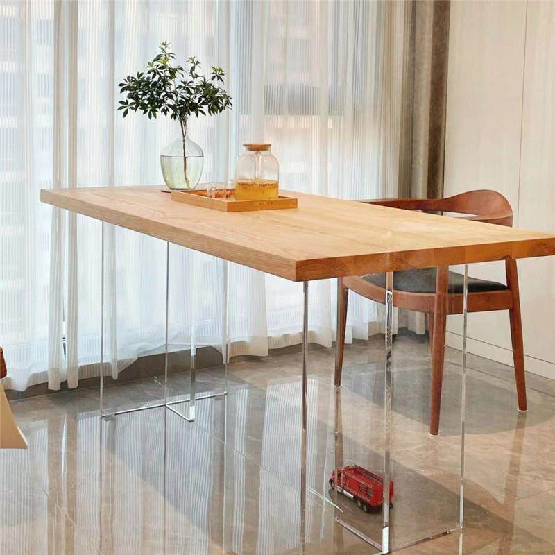 亚克力实木悬浮餐桌椅小户型原木风客厅书桌电脑桌长方形吃饭桌子