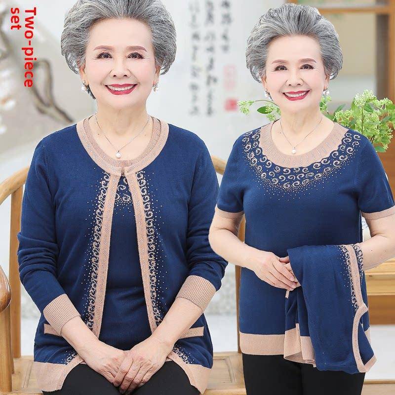 奶奶的夏季两件套70-80岁的母亲和妻子t恤春秋上衣老年秋季服装女
