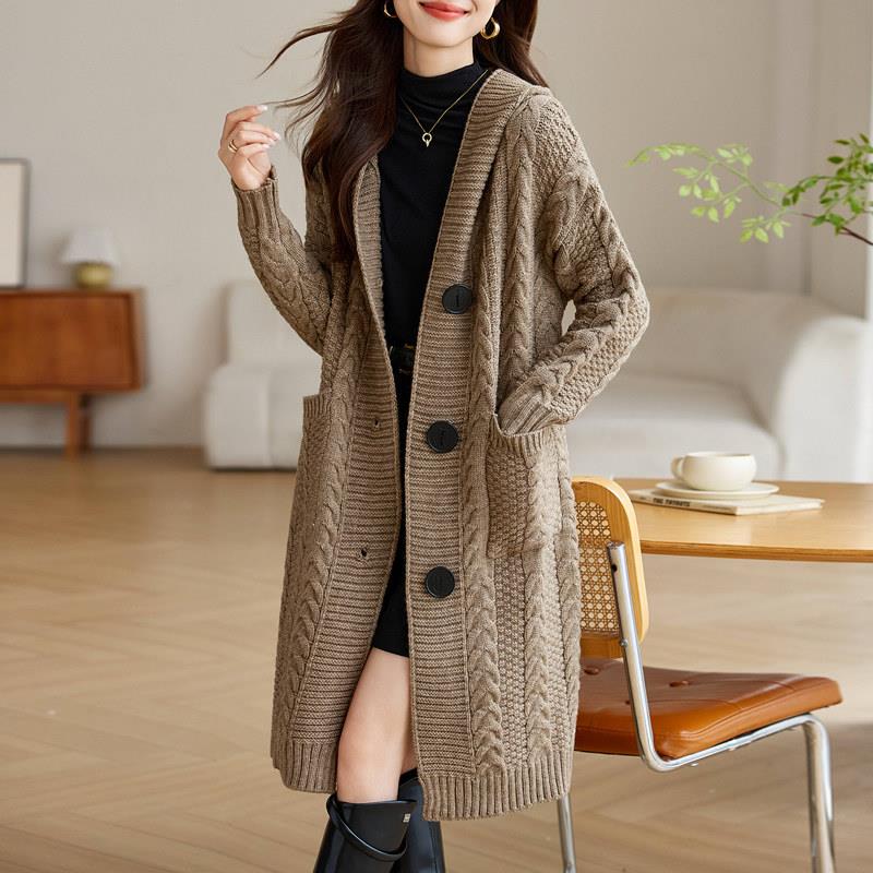 秋冬毛衣外套女中长版外搭2025新款慵懒风宽松加厚连帽针织衫开衫