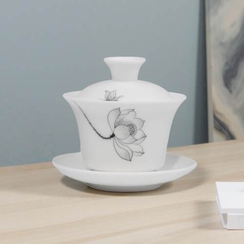 德化素烧羊脂玉白瓷三才盖碗泡茶碗手绘单个茶杯陶瓷家用功夫茶具