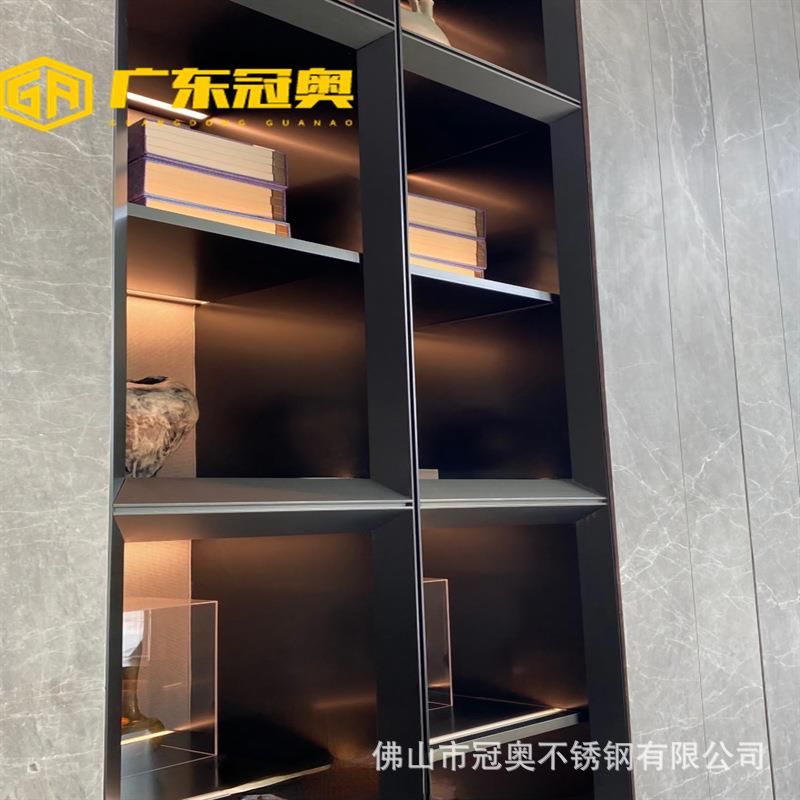 家庭装修不锈钢百宝格格子柜 现代简约喷砂黑钛不锈钢酒架置物格