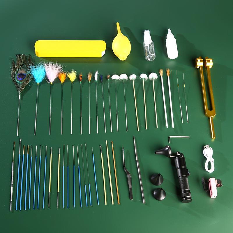 新款直销铝合金48件套采耳工具套装耳起鹅毛棒鸡毛棒马尾拇指灯手