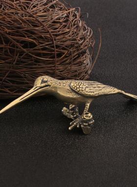 黄铜实心铜器翠鸟小摆件手把件开茶针小铜器铜艺茶宠摆件铜雕香插