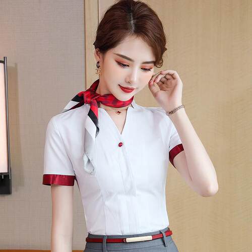 短袖白色衬衫女夏季职业装衬衣乘务员空姐制服酒店接待前台工作服