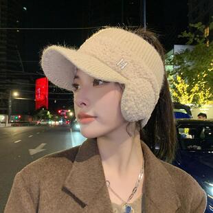 冬天帽子女款骑行针织护耳鸭舌帽时尚百搭加绒保暖空顶耳套毛线帽