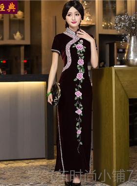 高档档妈妈旗袍连衣裙 时尚ipao婚礼q旗妈妈装袍长高款金丝绒钉珠