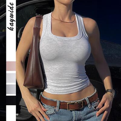 White Ribbed Tank Top for Women Square Neck Sleeveless