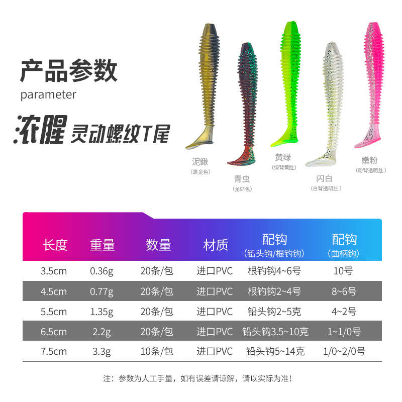 螺纹T尾软饵铅头钩倒钓德州鲈鳜鱼翘嘴螺旋软虫黑坑竞技路亚假饵