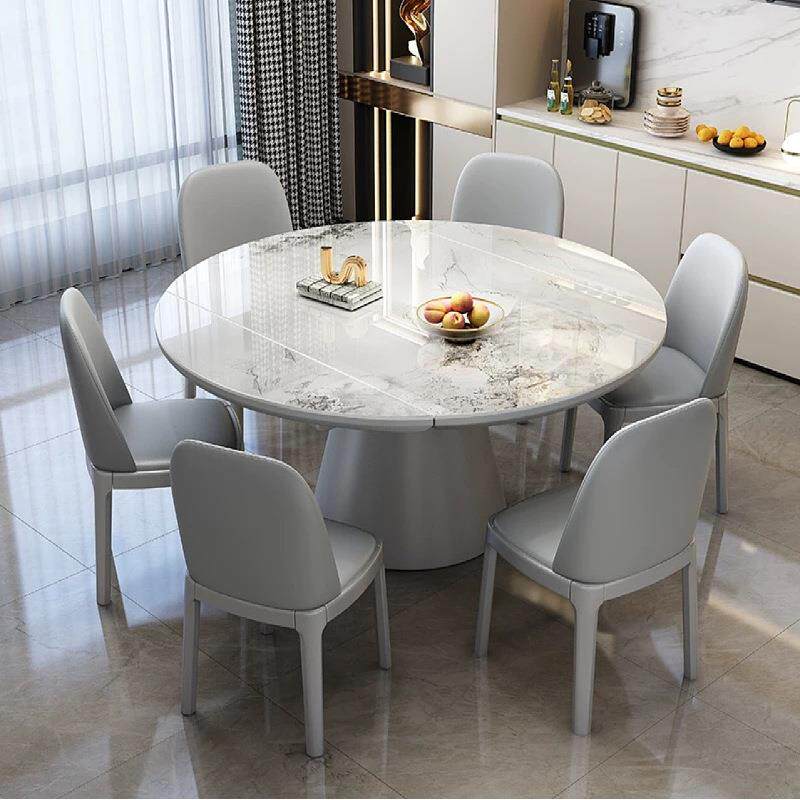 岩板餐桌椅组合可折叠变圆实木家用小户型伸缩简约圆餐桌大圆桌