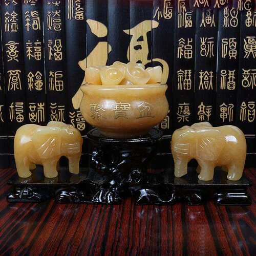 米黄玉大象聚宝盆 阵摆件富贵荣华家居工艺品