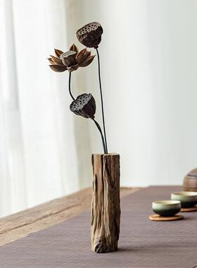 异丽客厅茶桌装饰品覆古茶台茶艺木头小花瓶创意中式禅意茶室摆件