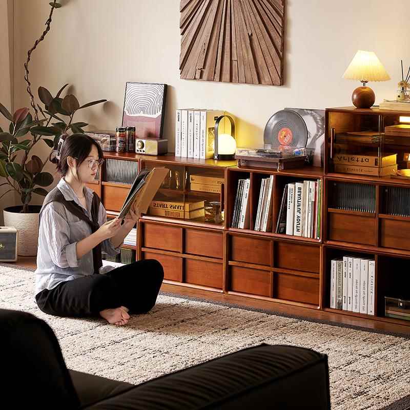 MeiJia木屿中古风实木书柜客厅家用收纳柜复古风储物柜落地展示柜