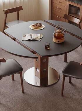 法式复古可伸黑缩餐折叠岩板桌椅组合家ZSU用小型方圆两用户色餐