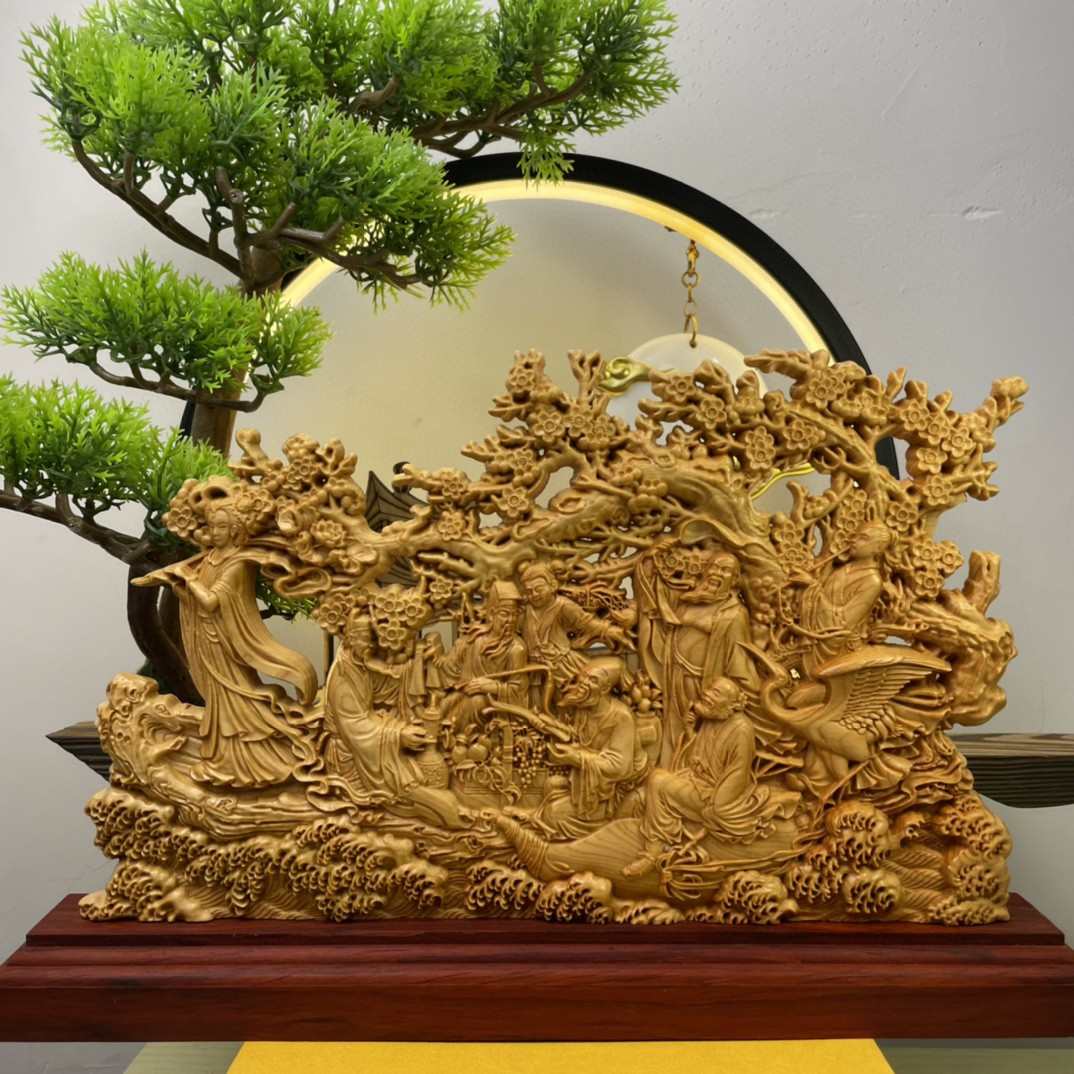 崖柏木雕八仙过海玄关中式摆件现代客厅家居装饰工艺品28*20*4.5