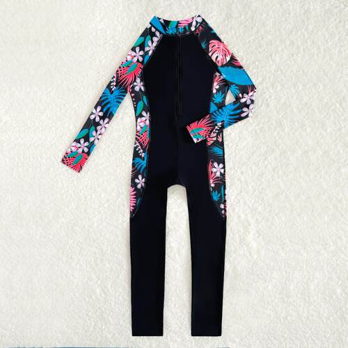 Children's zipper swimsuit, girls' one-piece long sleeved