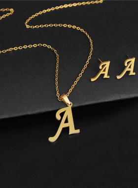 A-Z Stainless Steel charm Initial Necklace And Stud Earrings