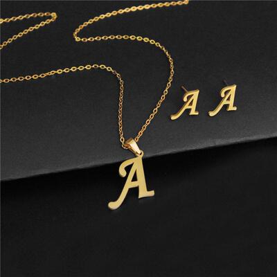 A-Z Stainless Steel charm Initial Necklace And Stud Earrings