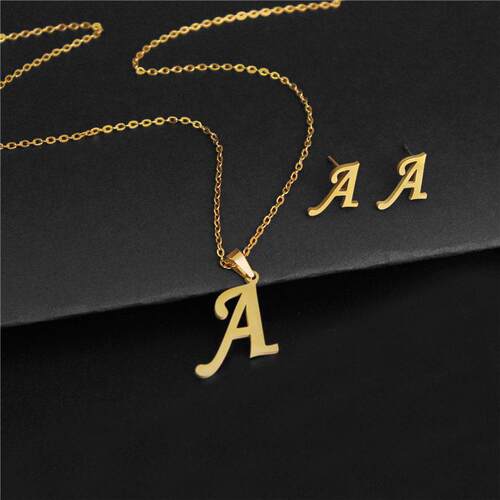 A-Z Stainless Steel charm Initial Necklace And Stud Earrings